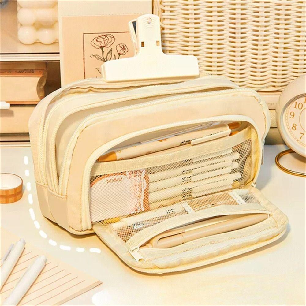 Вместительный простой эстетический школьный чехол, сумка-держатель для канцелярских принадлежностей, большой вместительный пенал для ручек бежевый